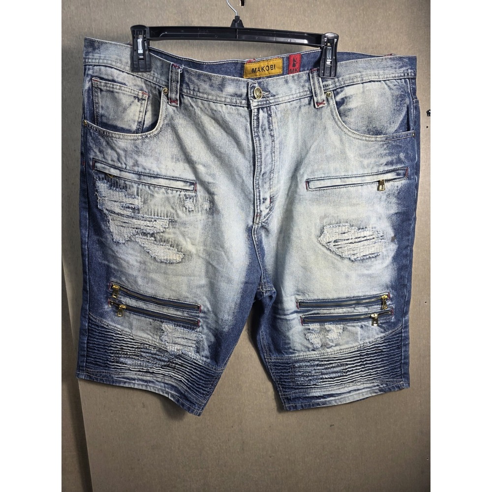 Makobi Denim Moto Shorts Mens Size 50 Distressed Zipper Acid Wash Jean